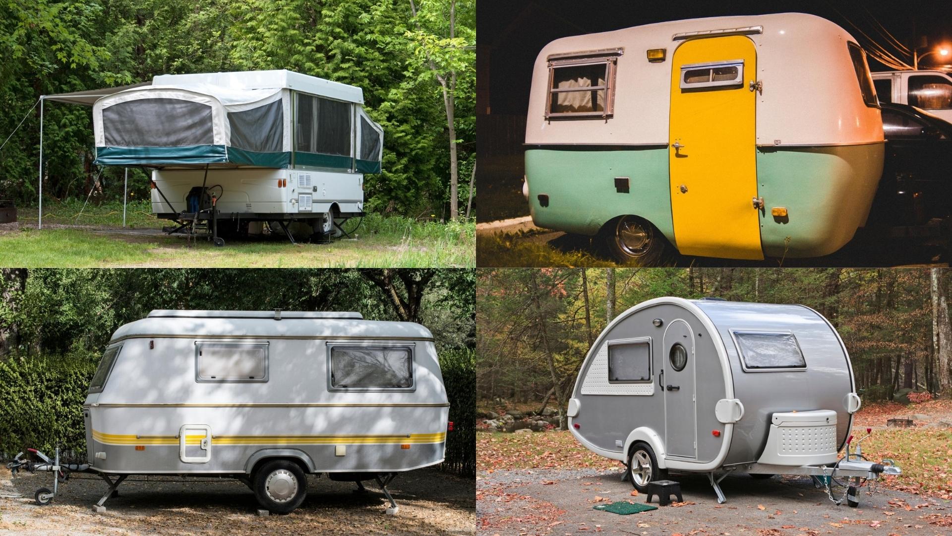 A collage of photos of four travel different types of trailers