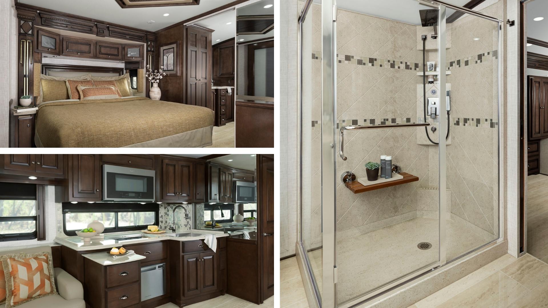 Three photos of well-appointed bedroom, kitchen, and shower of a 2022 Newmar Dutch Star
