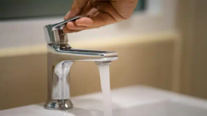 Photo of water being turned on at a sink faucet