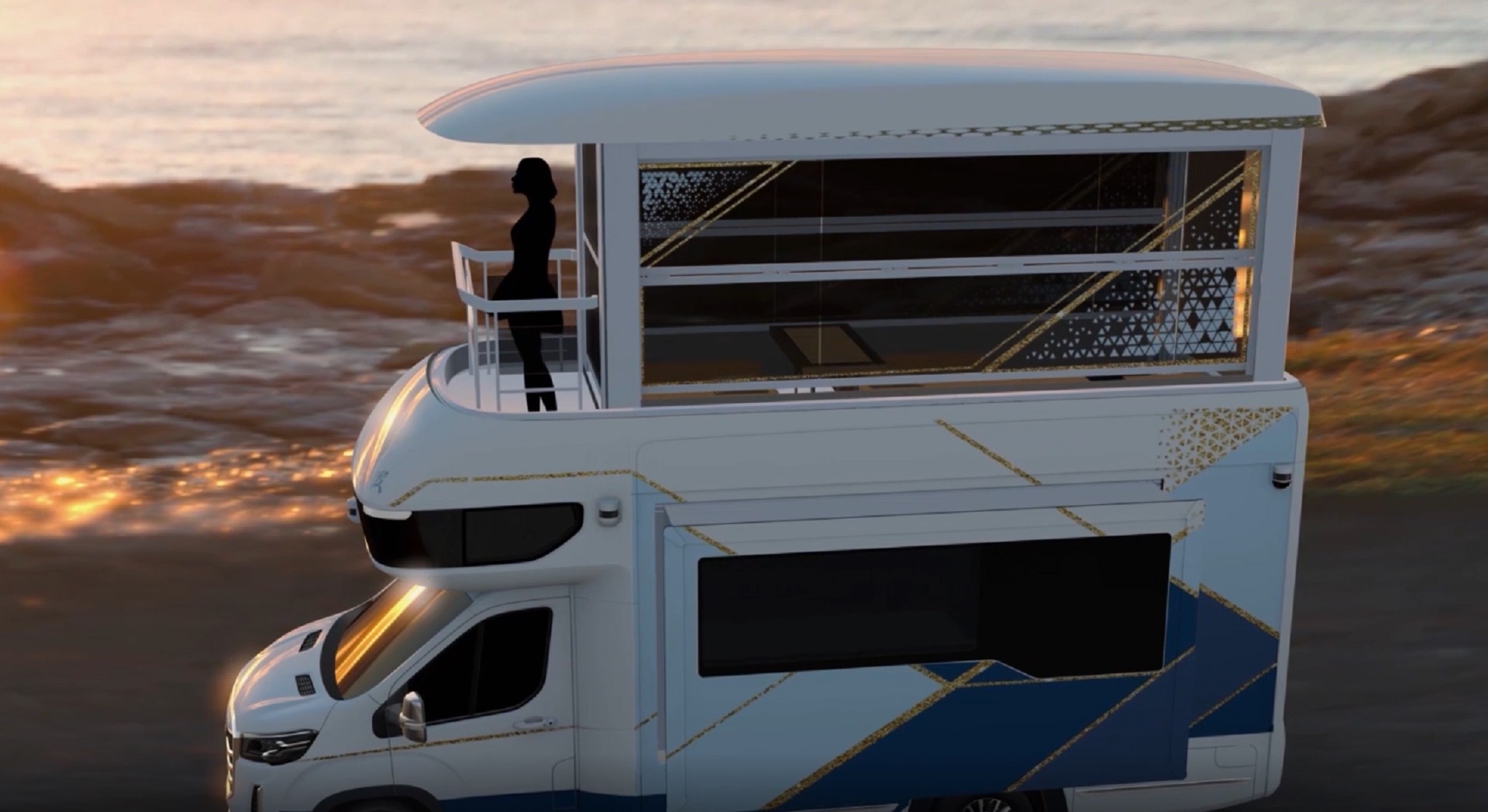 Photographic rendering of the SAIC Maxus V90 Villa Edition with sunroom raised and woman standing on the deck