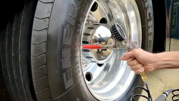 Man inflating large motorhome tire