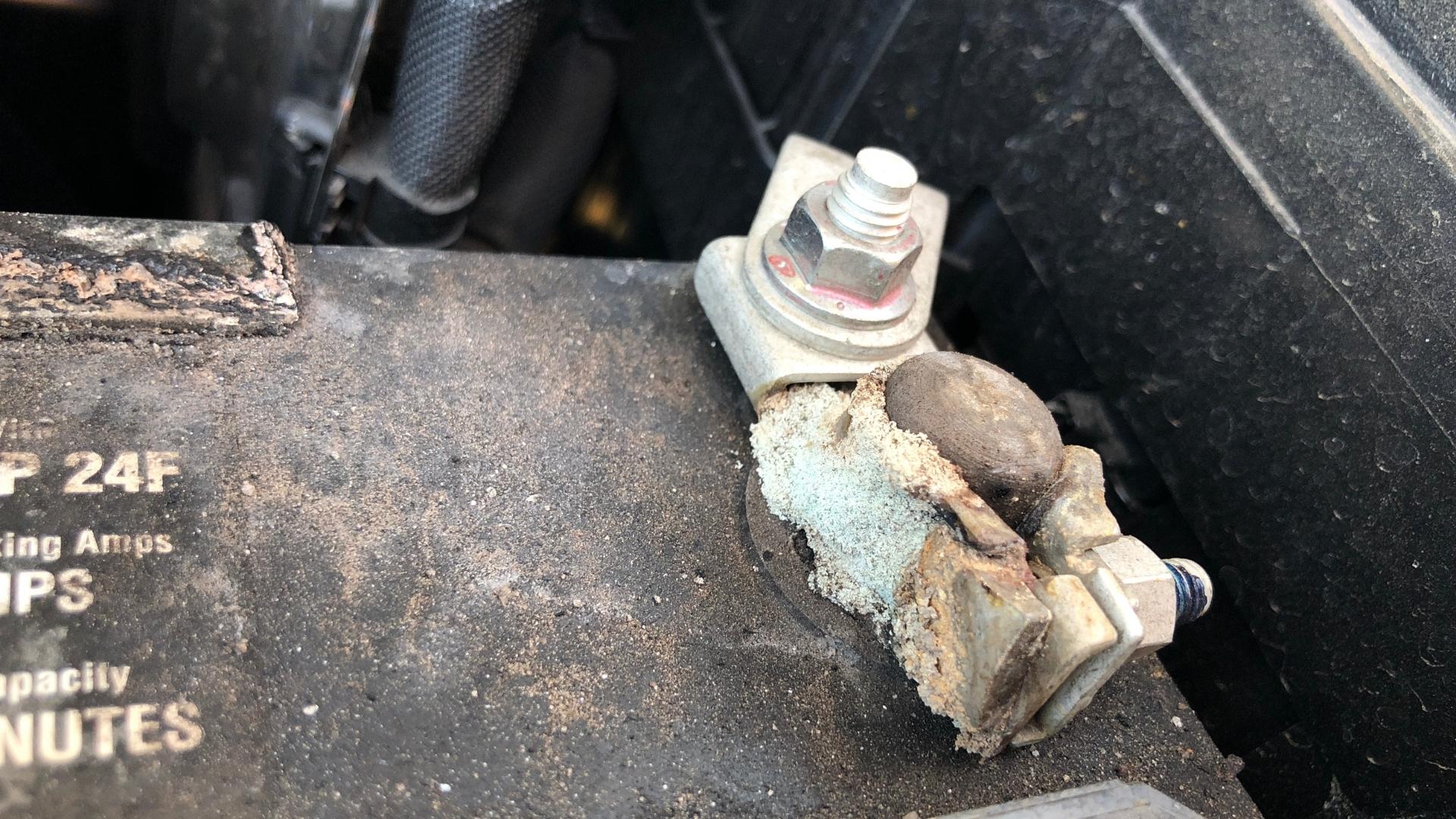 A corroded battery terminal - prevent it on your car or RV battery with a coating of WD-40