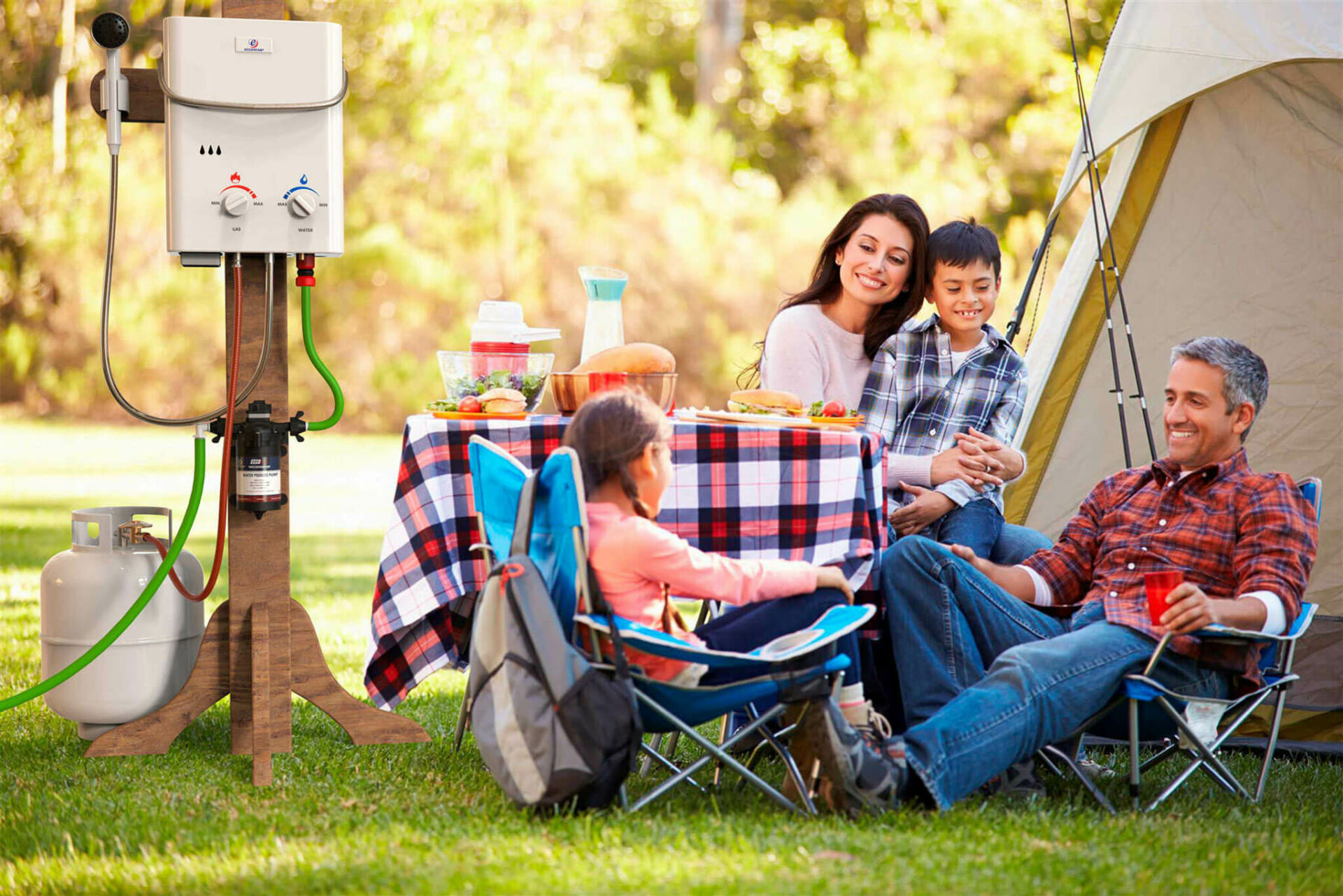 Photo of a family camping with a portable water heater & propane tank beside them