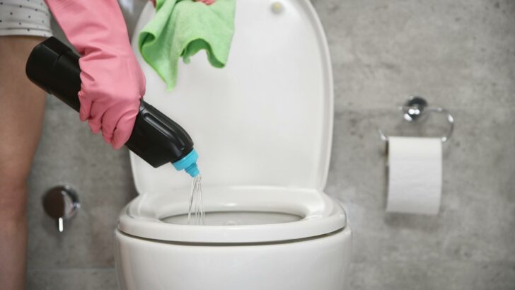 Photo of a person pouring a liquid (Rid-X) into a toilet bowl