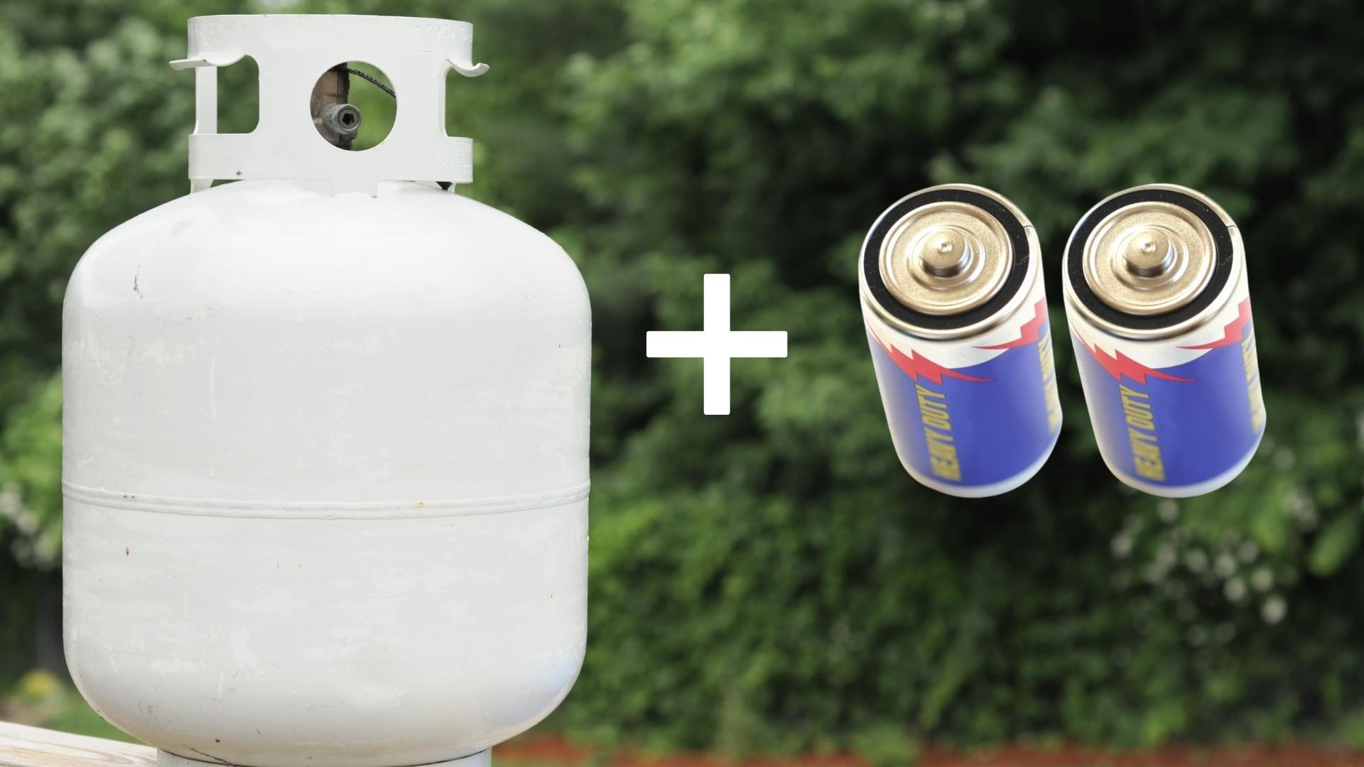 Photo illustration showing a propane tank and two D-cell batteries