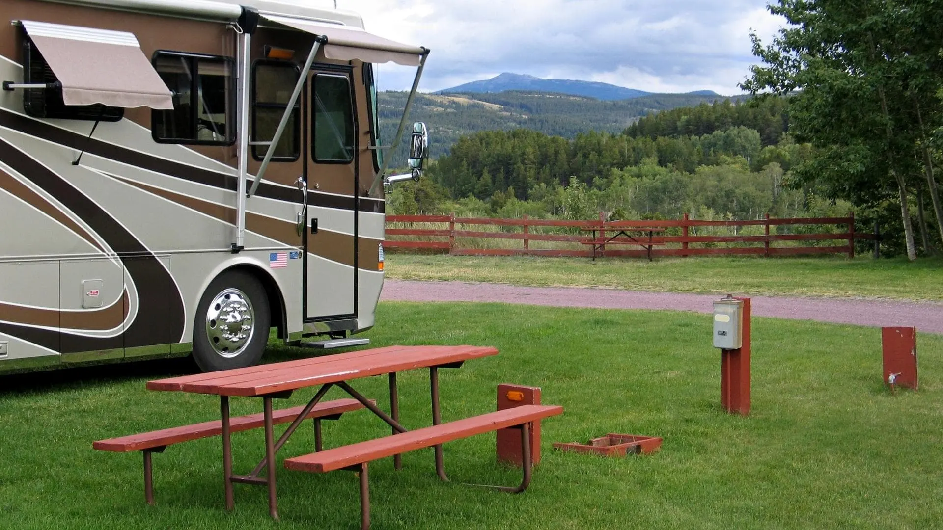 A motorhome in an RV park, a very big part some RVers' full-time RV living expenses
