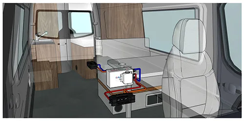 Photo rendering of a hydronic heating system installed under the dinette area of a small RV