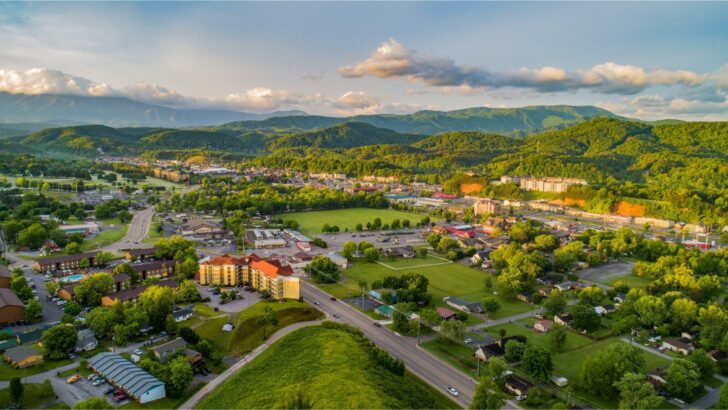 Aerial photo of Pigeon Forge and Sevierville, Tennessee, the home of Dollywood, a fabulous family vacation destination