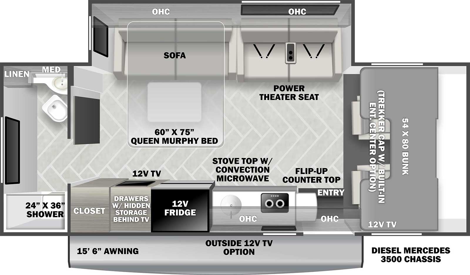 Rendering of the floor plan of the Forest River Sunseeker 2400T