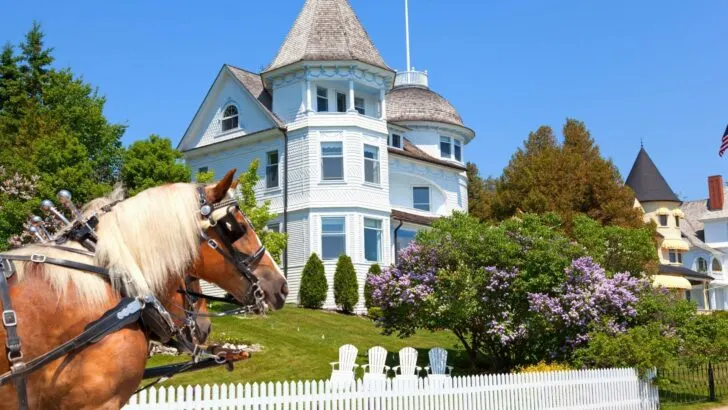 Photo of horses pulling a carriage through the quaint town of Mackinac Island, Michigan