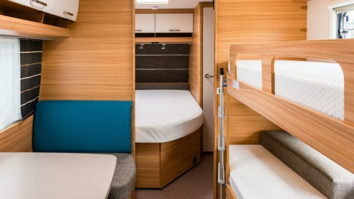 The interior of an RV showing several RV mattresses