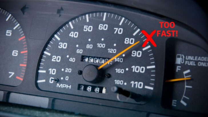 Photo of a speedometer showing a speed of 85 mph with an illustration indicating that the speed is "too fast" 