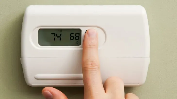A finger on a button of an RV thermostat