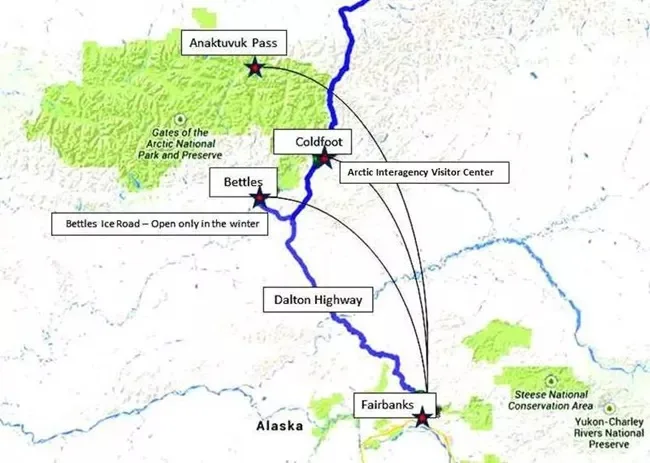 A map showing how to get into Gates of the Arctic National Park