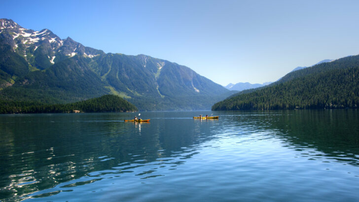 Kayakers out on the water in North Cascades, with forested mountains in the background