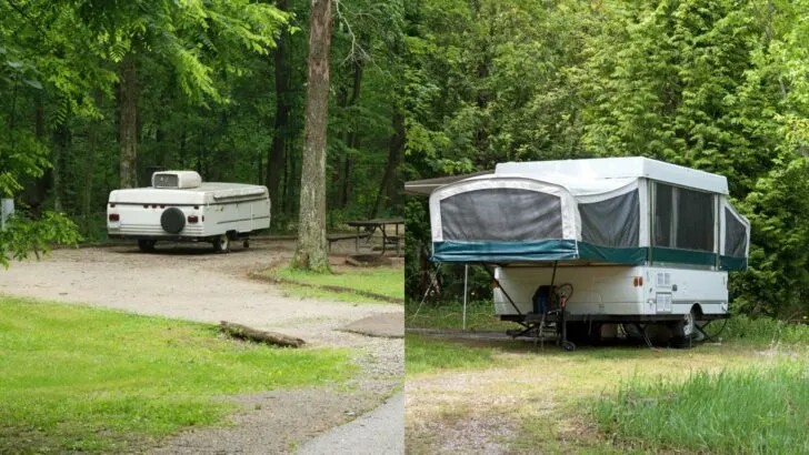 Side-by-side photos of pop-up campers collapsed and expanded