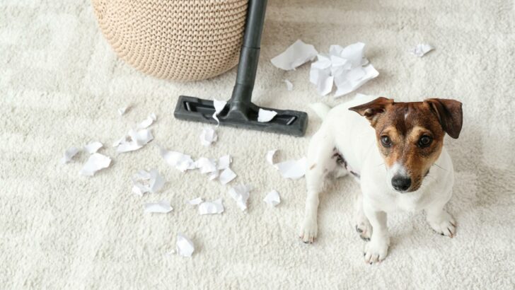 Vacuuming a mess of paper made by a puppy