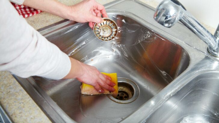 Woman using a soft sponge to scrub stainless steel sink
