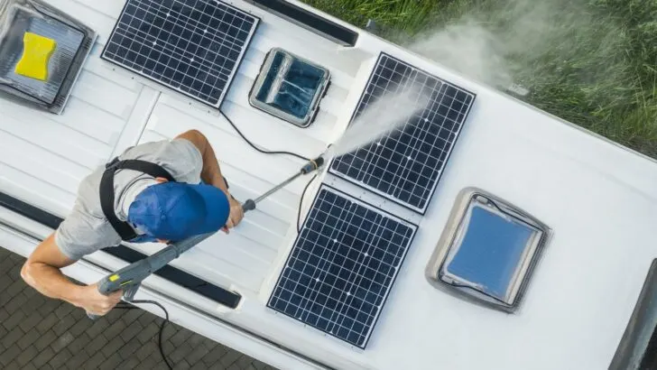 A man standing on his RV roof washing solar panels with a pressure hose
