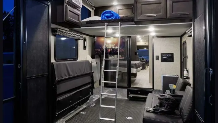 The garage space of a Thor Outlaw Class A toy hauler motorhome