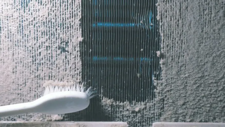 Dirty RV AC evaporator fins being cleaned with a soft toothbrush