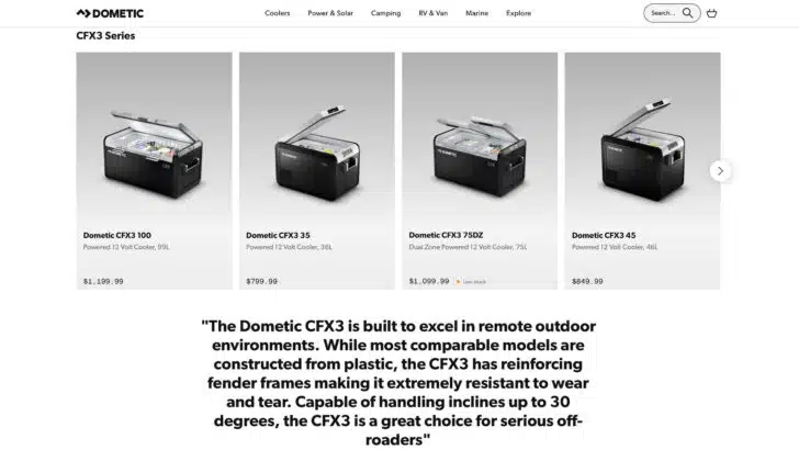 Dometic's website showing their CFX3 line of portable refrigerators
