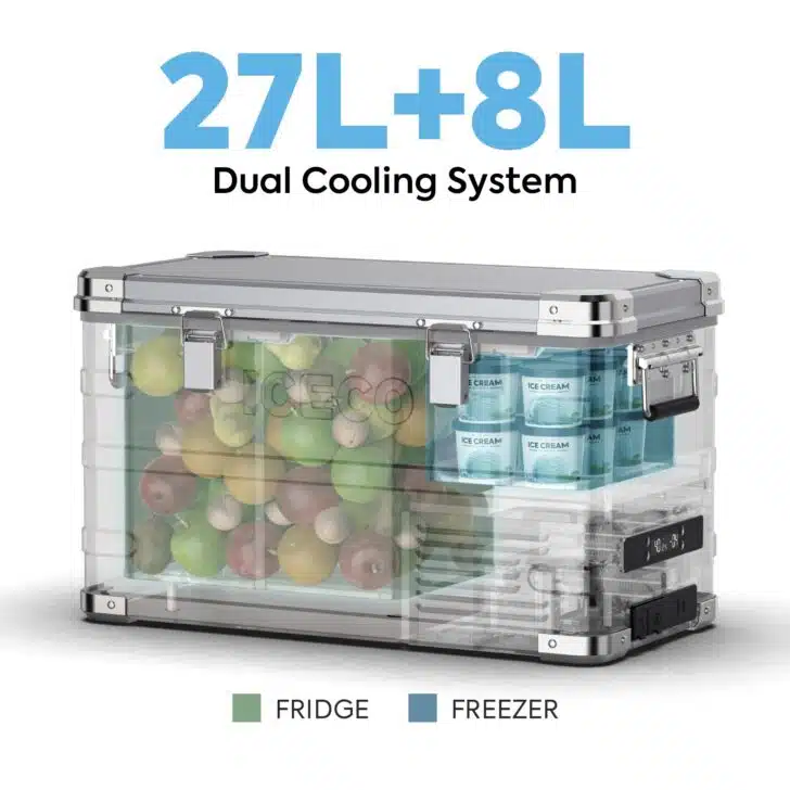 A cutaway image of an Iceco 35L dual-zone portable refrigrator