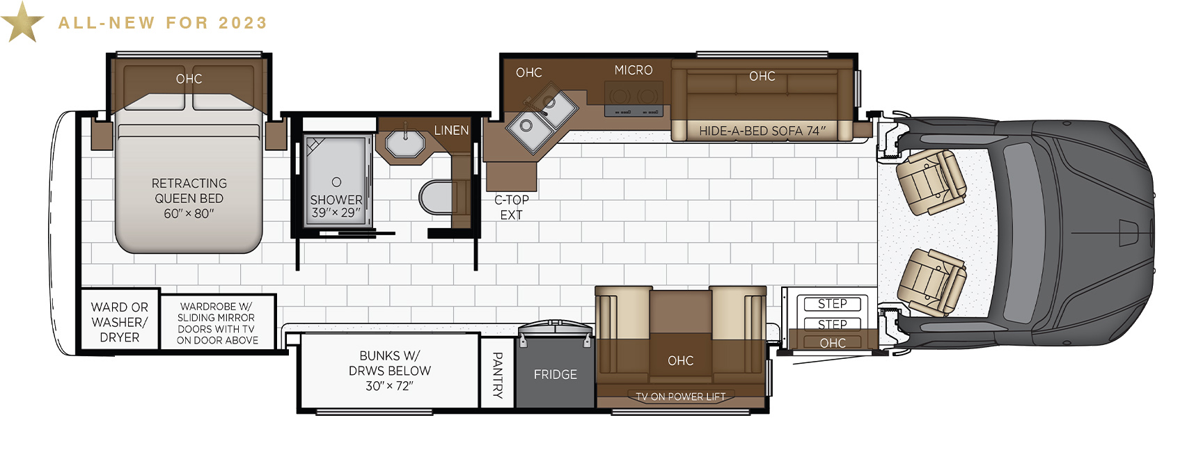 The floor plan of the 2023 Newmar Super Star 3729, a Class A RV with bunk beds!