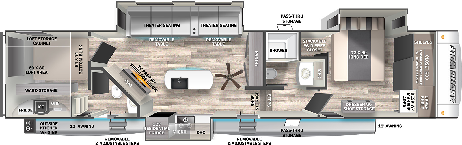 Floor plan of a Forest River Arctic Wolf 5th wheel showing an RV with 2 bedrooms.
