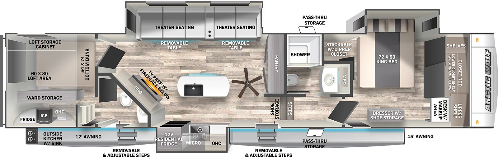 Floor plan of a Forest River Arctic Wolf 5th wheel showing an RV with 2 bedrooms.