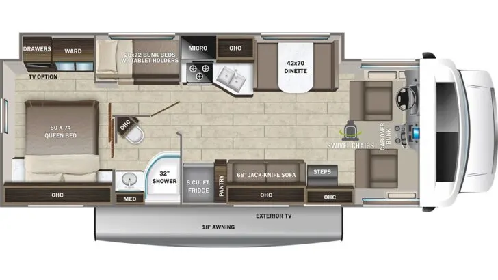 The 2023 Entegra Odyssey 31F floor plan shows the bunk beds in this RV