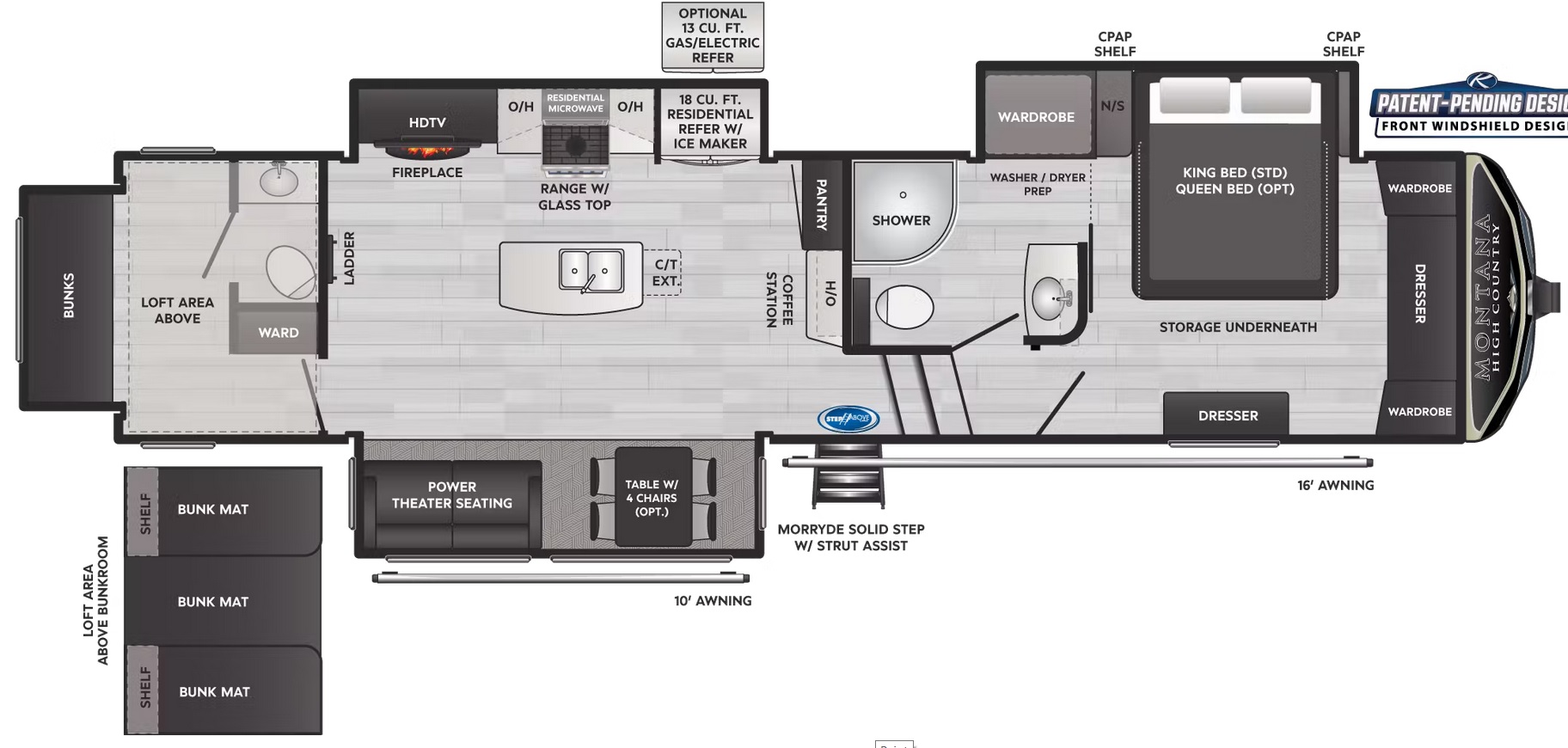 The floor plan of the Keystone Montana High Country 335BH, a spacious RV with bunk beds