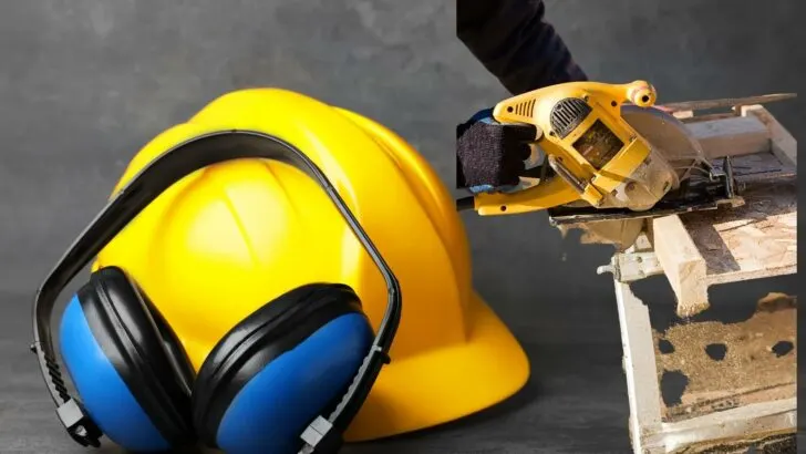 A hard-hat with hearing protective headphones and a person using a power saw