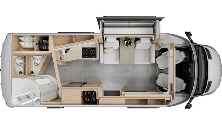 The floor plan of Leisure Travel Vans Unity showing their bed system built within the slide-out.