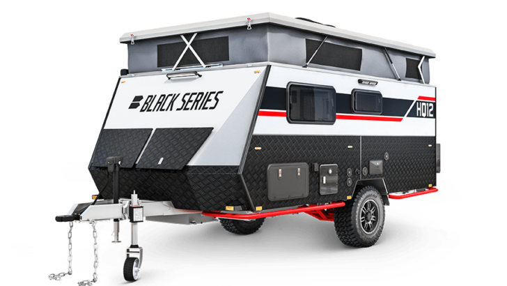 The Black Series HQ12 camper with its top popped open