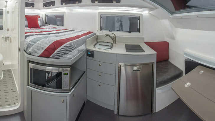 A panoramic interior shot of a Global Expedition Vehicles Adventure Truck (AT)