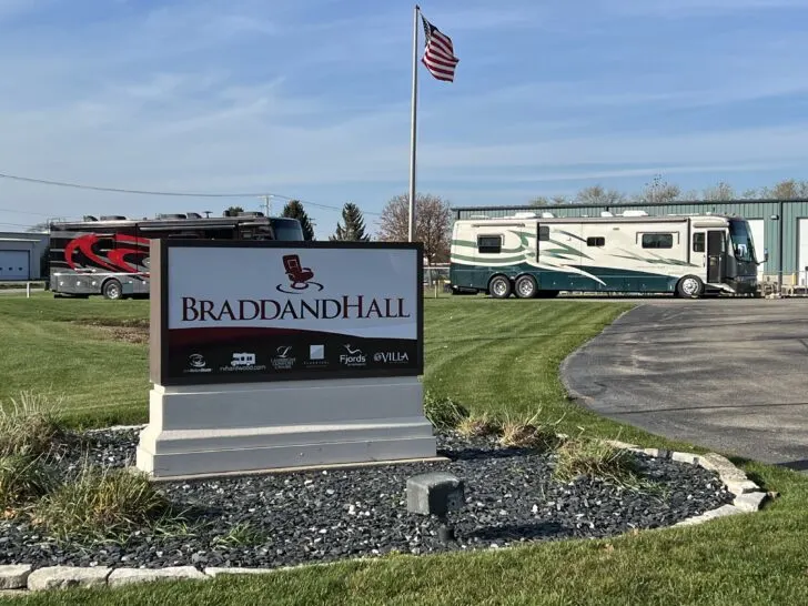 Our motorhome parked at Bradd & Hall's facility in Elhart, Indiana - our RV replacement blinds specialists!