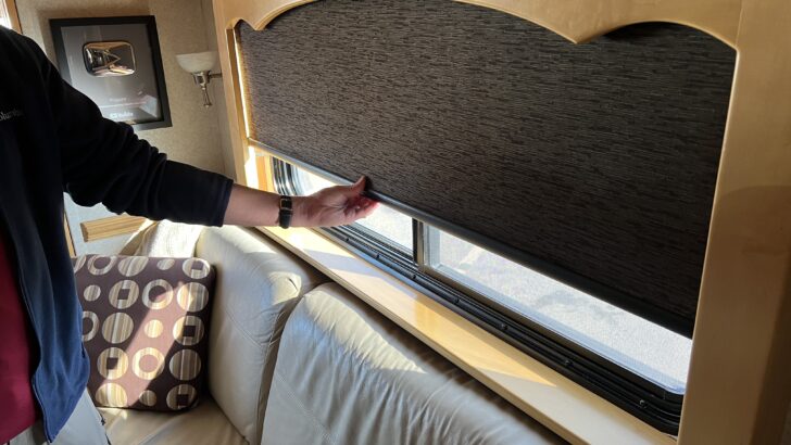 The night side of our new AMS roller shades is a popular choice for RV replacement blinds.