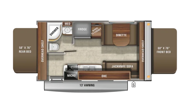 The floor plan of a Jayco Jay Feather hybrid travel trailer
