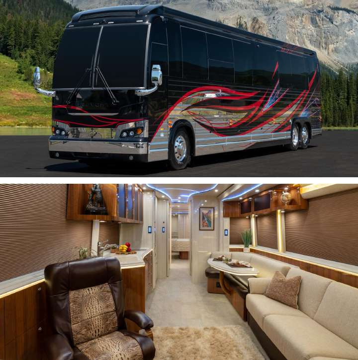 The exterior and interior of a Prevost bus conversion
