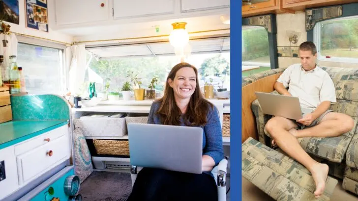 Two people working on computers in their RVs