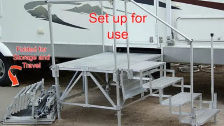 A standard Port-A-Deck shown set up and collapsed for storage or transport