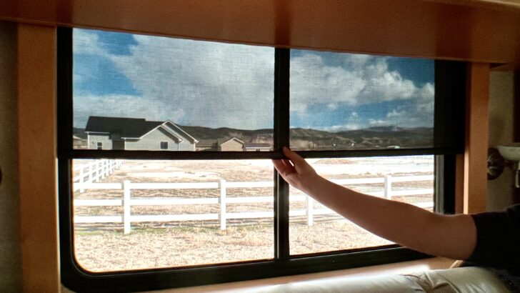 Our new AMS roller shades showing the day shade we chose for our RV replacement blinds