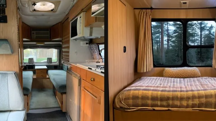 Twin beds in a Class B RV on the left and a larger bed in a bigger RV on the right