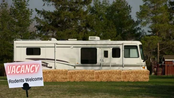 A Class A RV parked in a field, surrounded by hay bales, with a sign inviting rodents in.