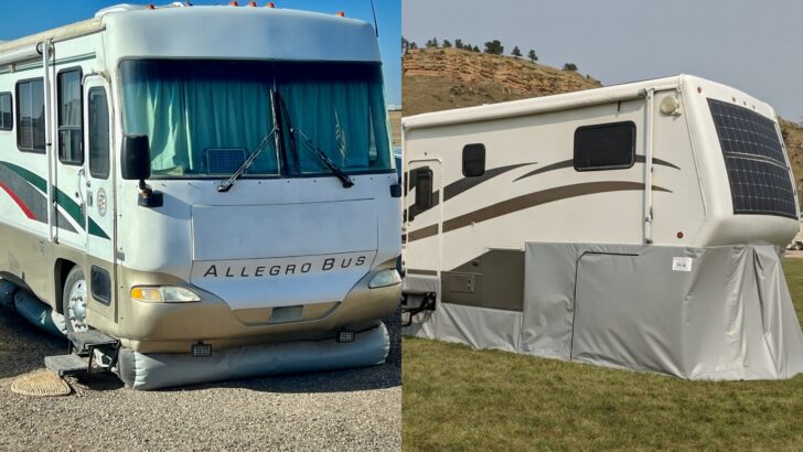 A Class A RV using AirSkirts on the left and a 5th wheel using snap-on RV skirting on the right