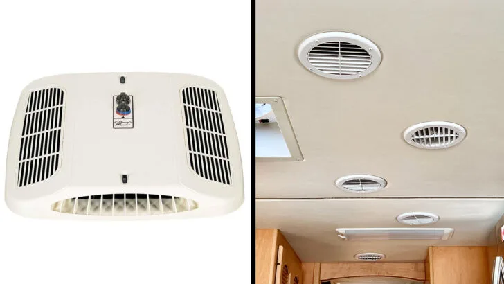 A non-ducted RV AC system shown on the left and two types of vents from ducted AC systems shown on the right