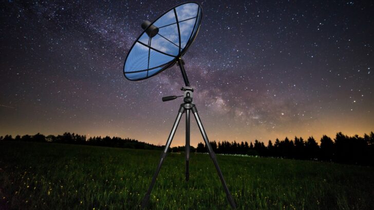 A satellite dish set up on a tripod in a field at night