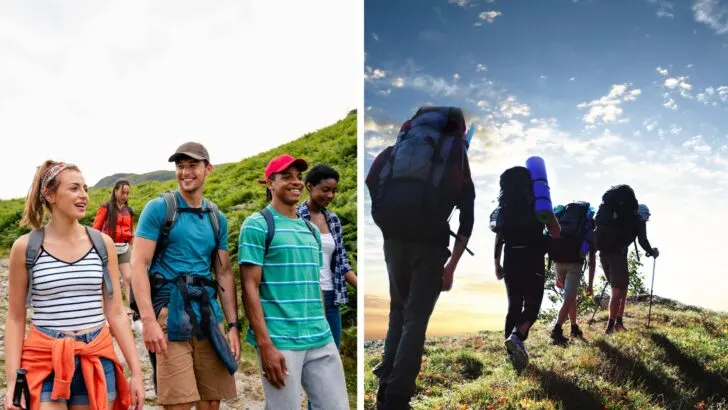 A split screen showing hikers taking up the entire width of the trail on the left and hikers hiking single file on the right