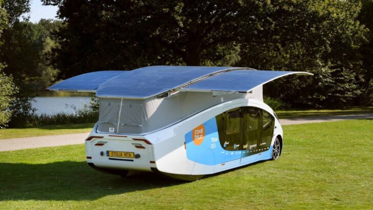 The Stella Vita all-electric RV with extra solar panels deployed